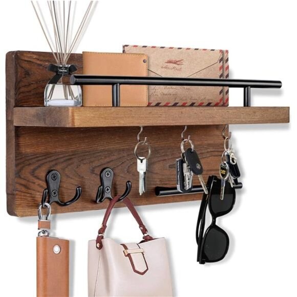 Wall Mounted Key Holder / Hangers for Wall Decorative with 5 Key Hooks, Wooden